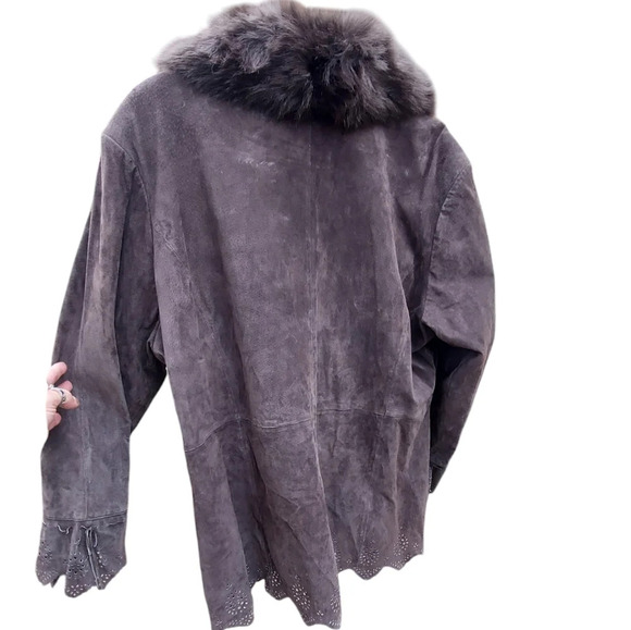 Dennis Basso Plus Size Leather Suede Laser Cut Faux Fur Collar Coat - Picture 3 of 7